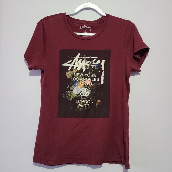Stussy Tops - 22. Stussy women's crewneck, maroon t-shirt, size L